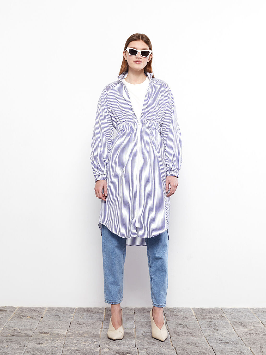Mavi Dik Yaka Çizgili Uzun Kollu Poplin Kadın Tunik-1