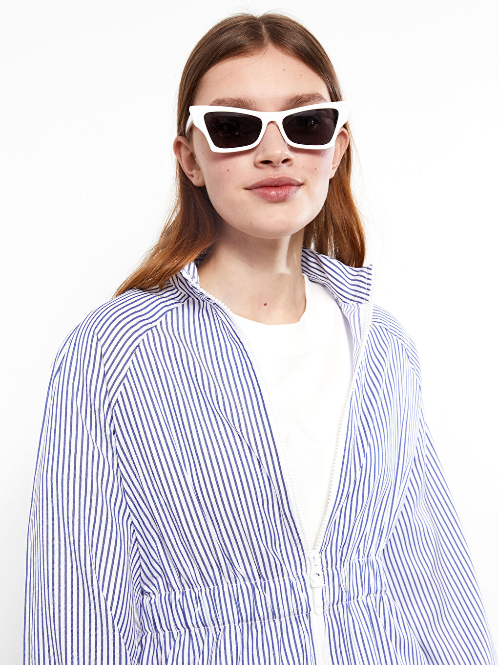 Mavi Dik Yaka Çizgili Uzun Kollu Poplin Kadın Tunik-2