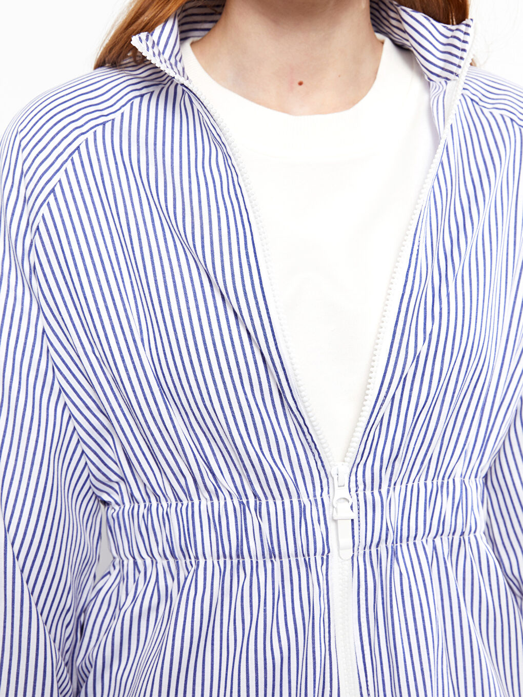 Mavi Dik Yaka Çizgili Uzun Kollu Poplin Kadın Tunik-3