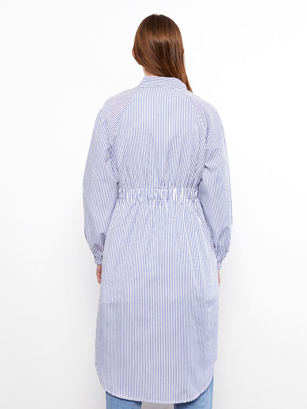Mavi Dik Yaka Çizgili Uzun Kollu Poplin Kadın Tunik-4