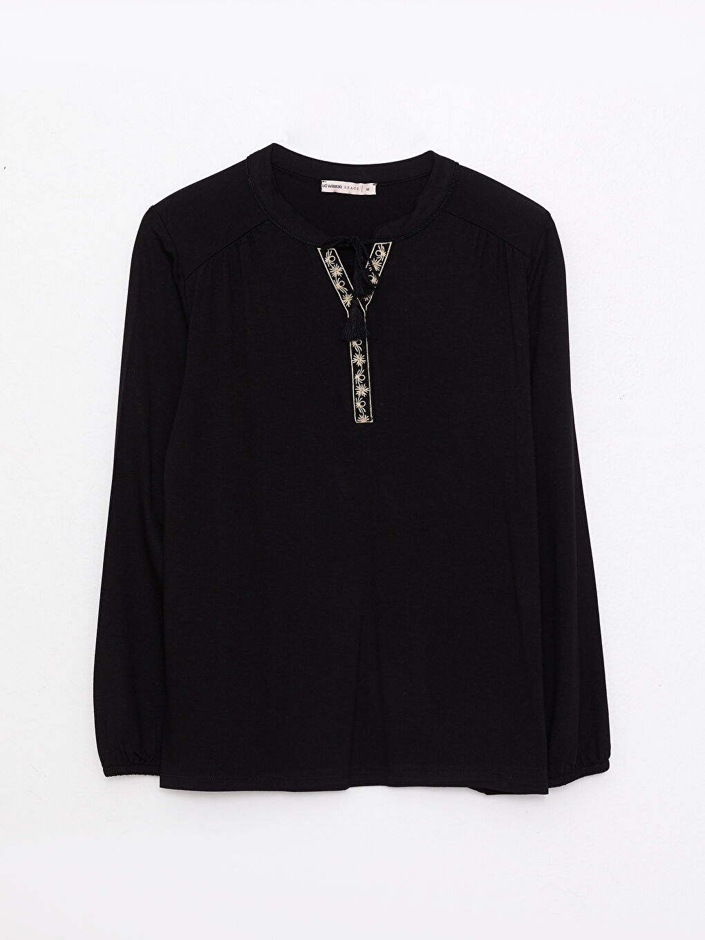 Siyah Bağlamalı Yaka Nakışlı Uzun Kollu Kadın Bluz-5