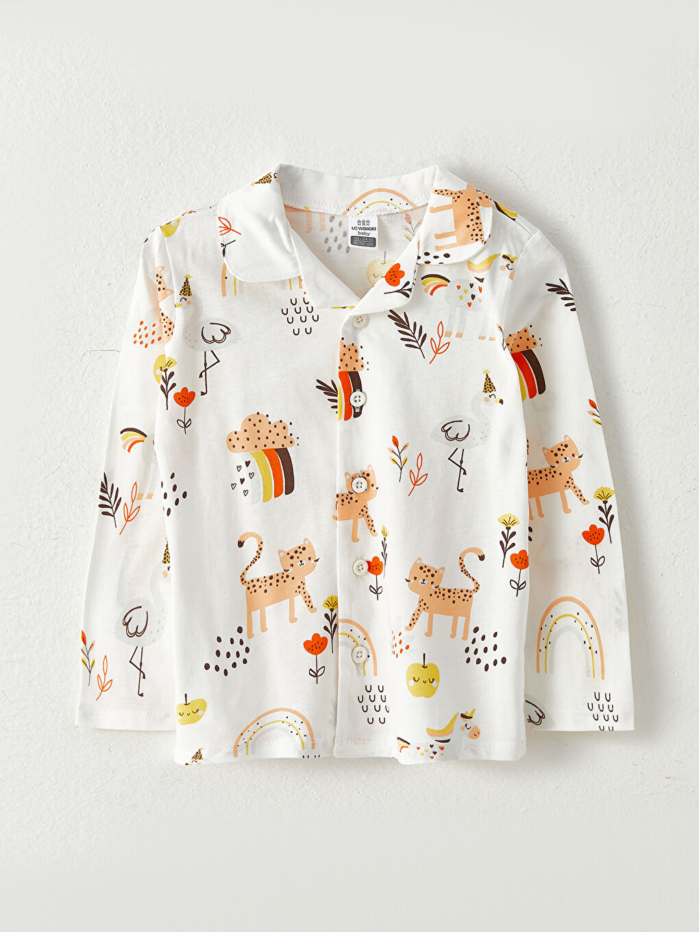 Ekru Polo Yaka Uzun Kollu Baskılı Pamuklu Kız Bebek Pijama Takımı-1