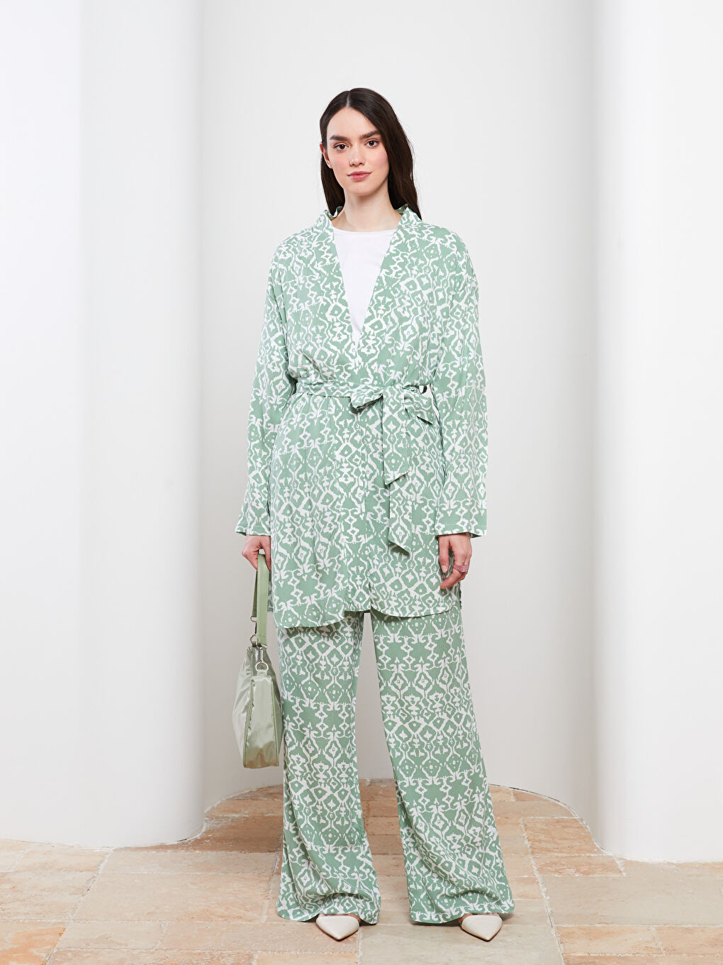 Shawl Collar Patterned Long Sleeve Oversize Viscose Women's Kimono-1