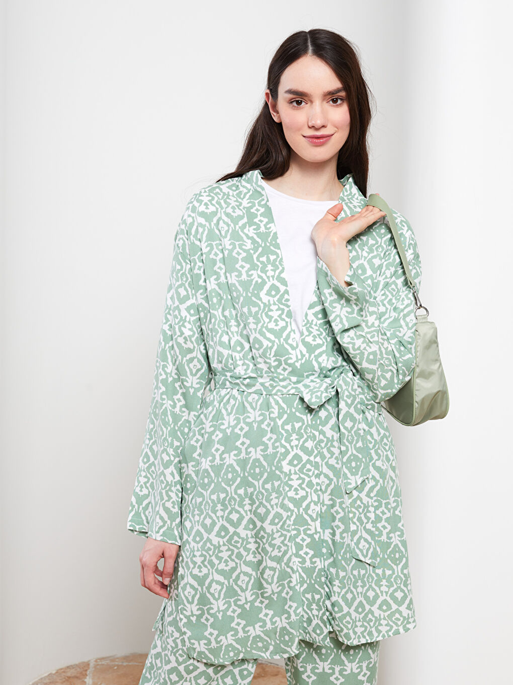 Shawl Collar Patterned Long Sleeve Oversize Viscose Women's Kimono-3