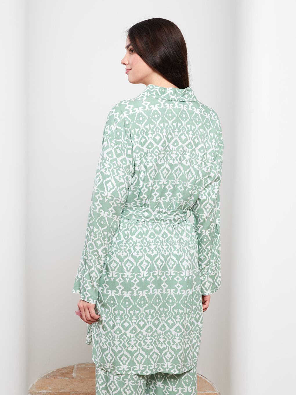 Shawl Collar Patterned Long Sleeve Oversize Viscose Women's Kimono-7