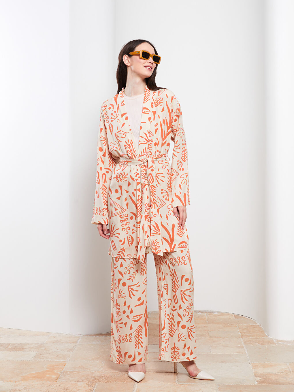 Turuncu Şal Yaka Desenli Uzun Kollu Oversize Viskon Kadın Kimono