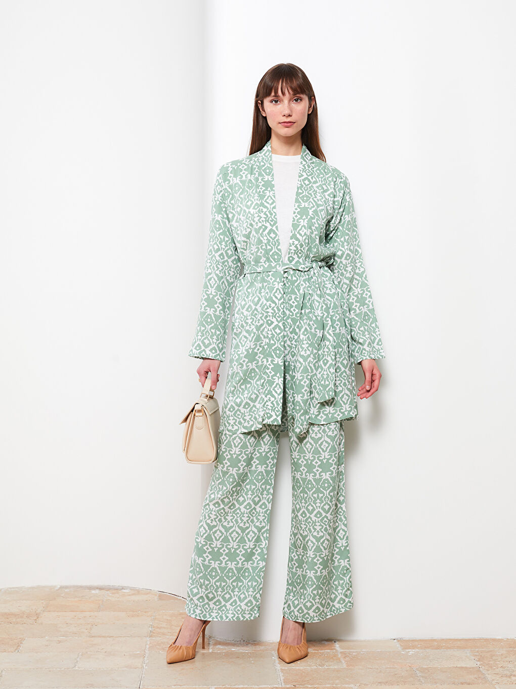 Shawl Collar Patterned Long Sleeve Oversize Viscose Women's Kimono