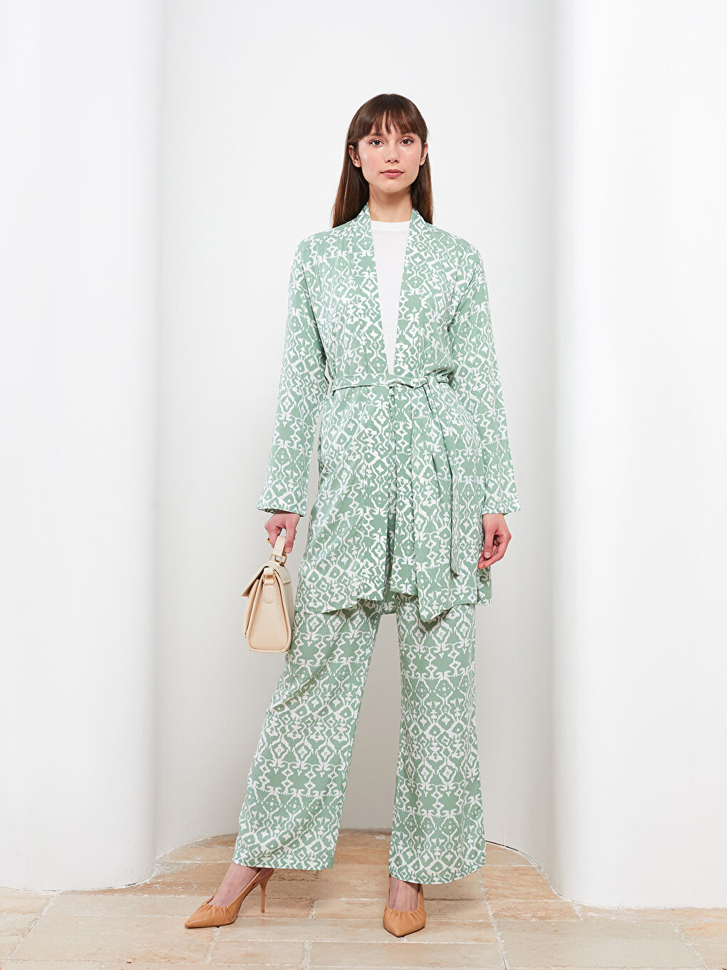 Shawl Collar Patterned Long Sleeve Oversize Viscose Women's Kimono-2