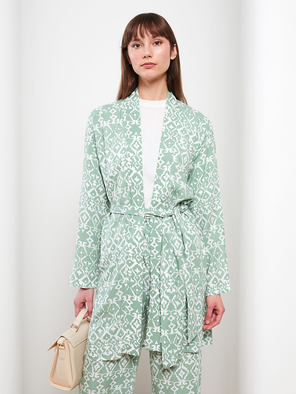 Shawl Collar Patterned Long Sleeve Oversize Viscose Women's Kimono-4