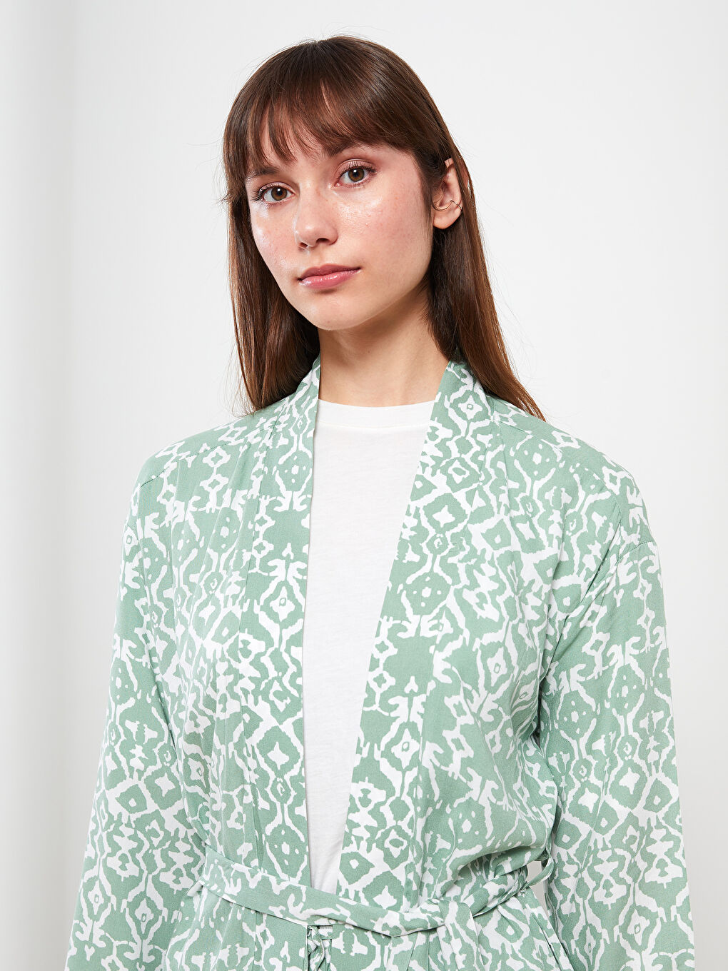 Shawl Collar Patterned Long Sleeve Oversize Viscose Women's Kimono-6