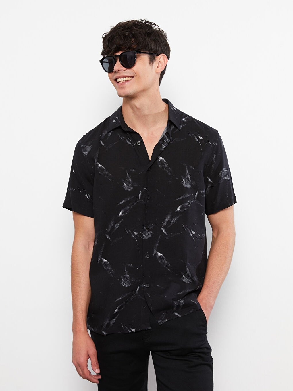 Regular Fit Short Sleeve Patterned Poplin Men's Shirt -S2I877Z8-LQJ