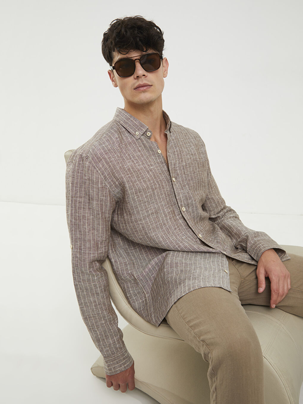 Bej Regular Fit Uzun Kollu Çizgili Poplin Erkek Gömlek