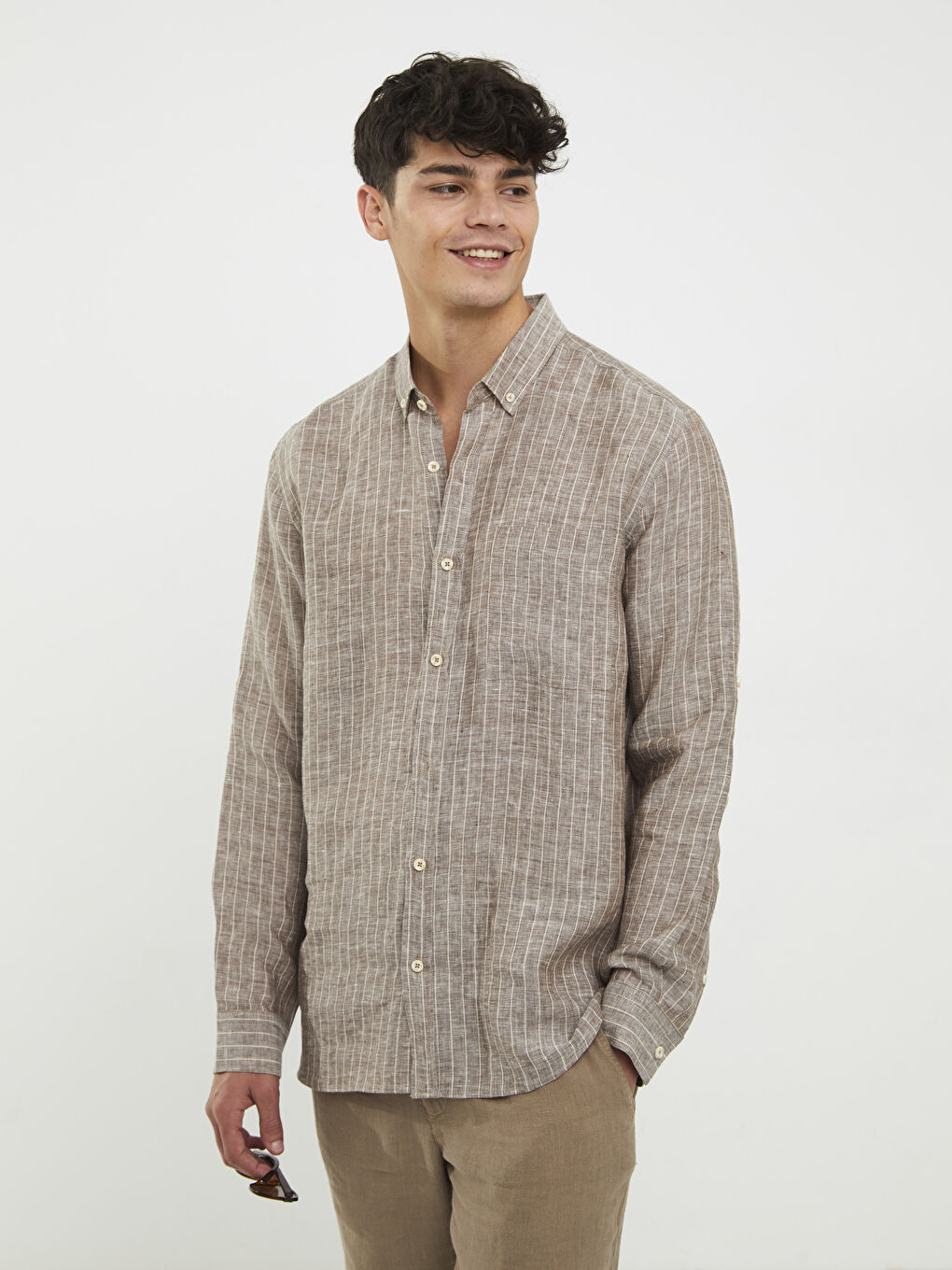 Bej Regular Fit Uzun Kollu Çizgili Poplin Erkek Gömlek-1