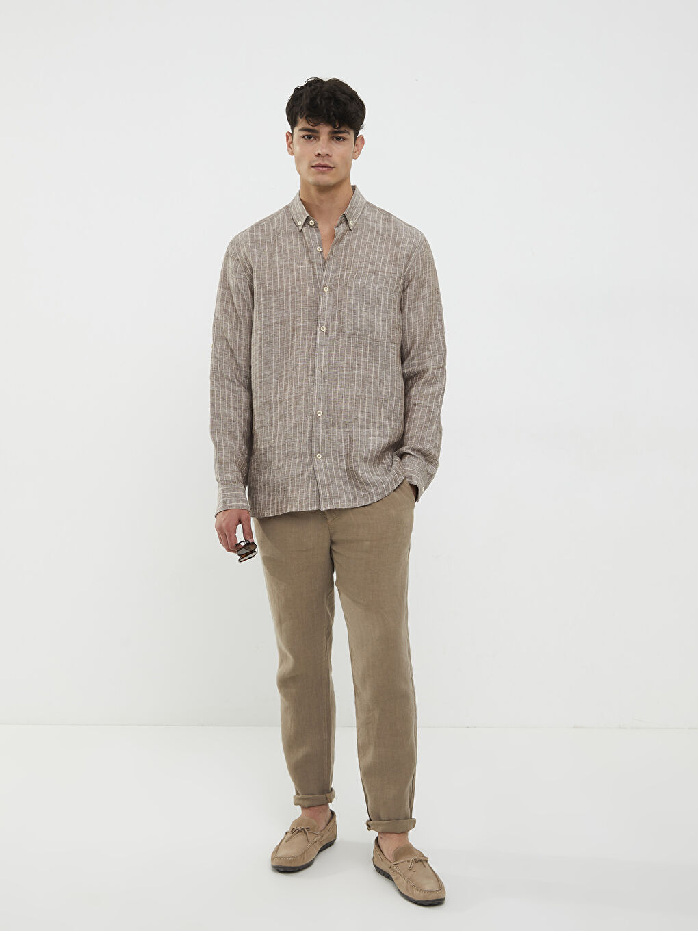 Bej Regular Fit Uzun Kollu Çizgili Poplin Erkek Gömlek-2