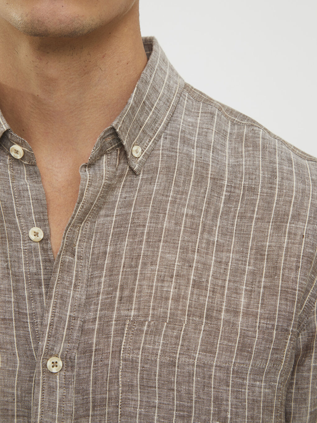 Bej Regular Fit Uzun Kollu Çizgili Poplin Erkek Gömlek-3