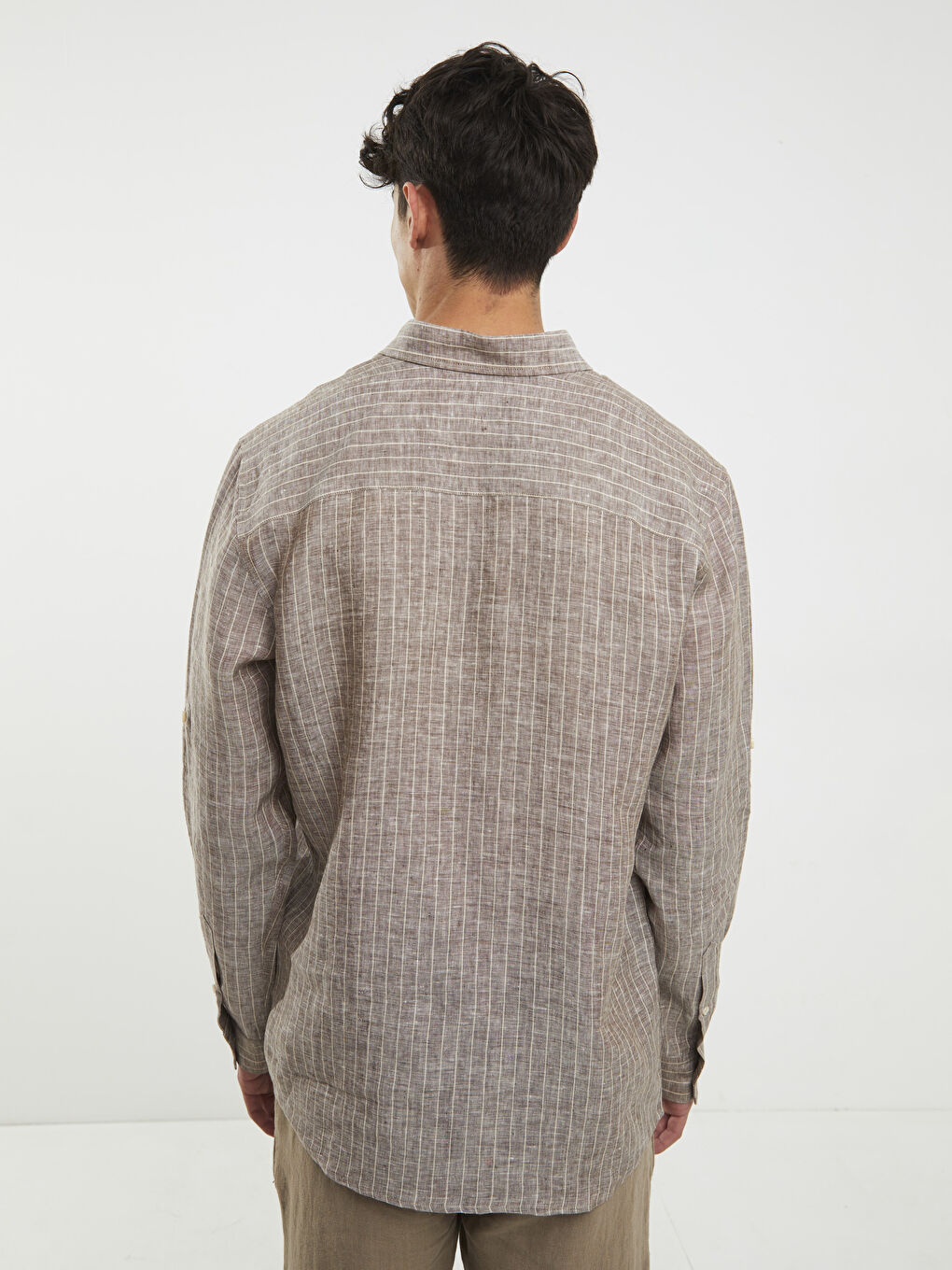 Bej Regular Fit Uzun Kollu Çizgili Poplin Erkek Gömlek-4