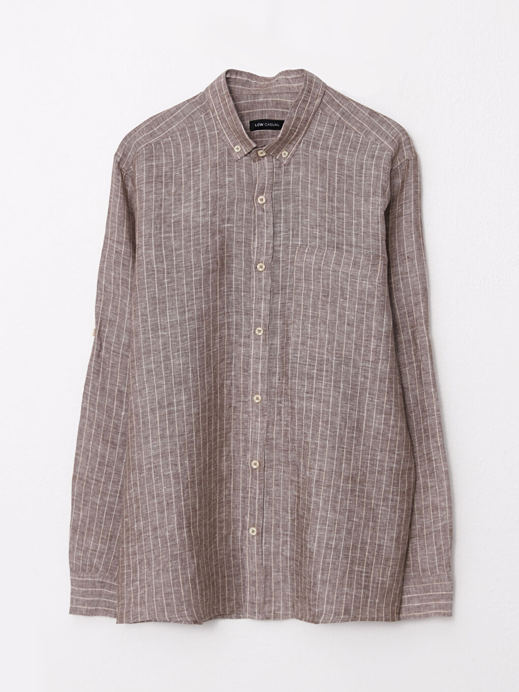 Bej Regular Fit Uzun Kollu Çizgili Poplin Erkek Gömlek-5