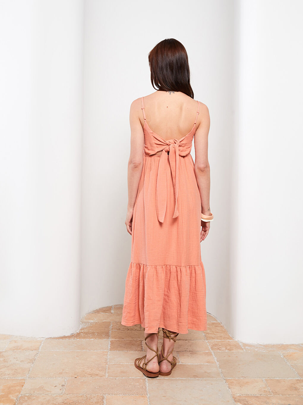 U Neck Straight Strap Muslin Fabric Maternity Dress-4