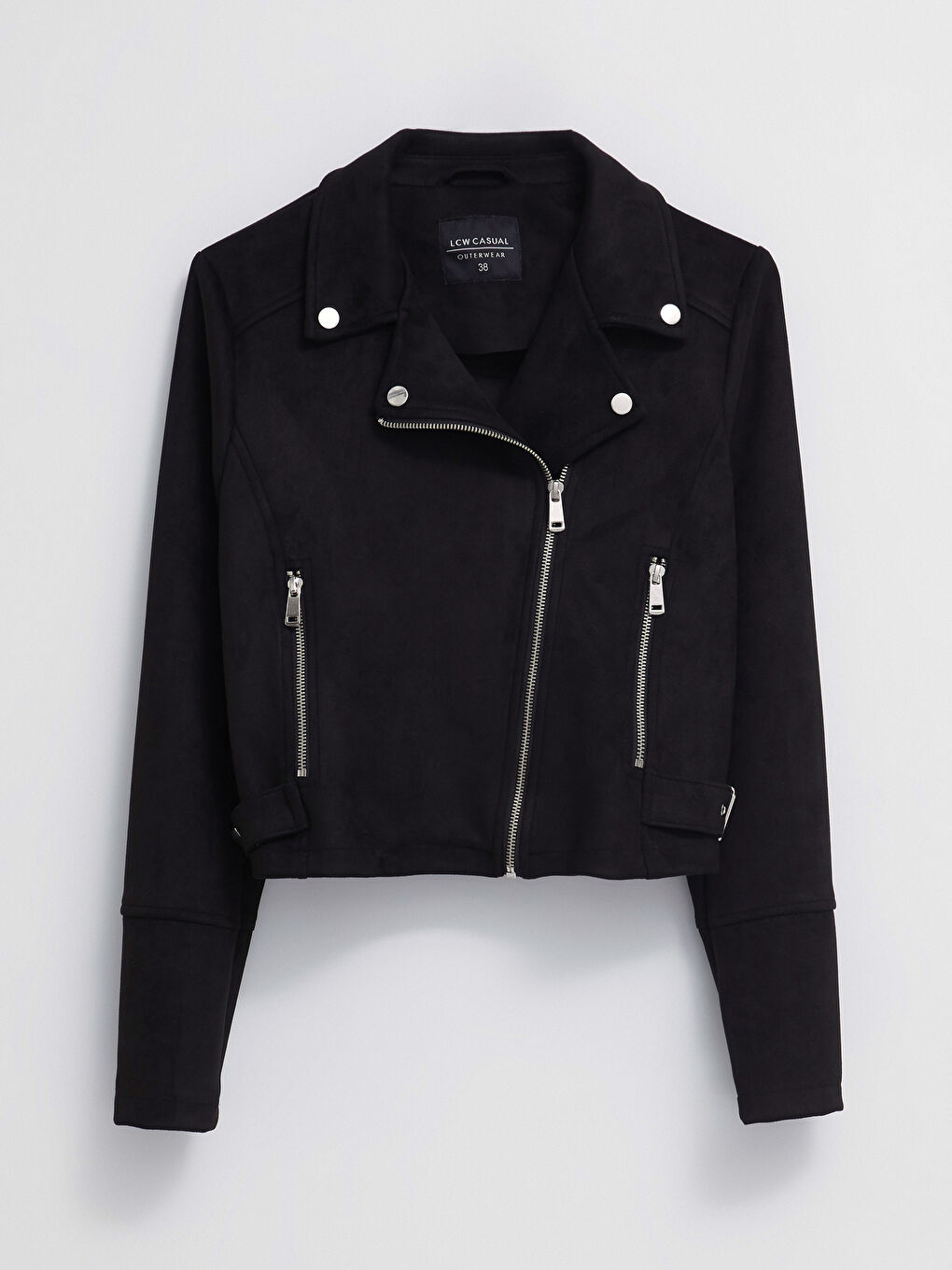 جاكيت جلد صناعي سادة بياقة بايكر للسيدات-6