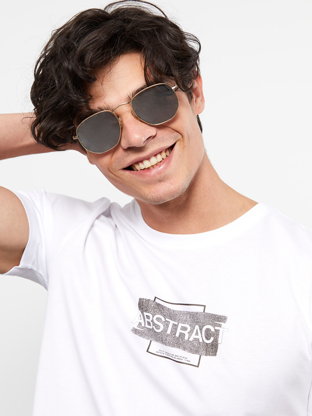 Beyaz Bisiklet Yaka Kısa Kollu Baskılı Penye Erkek Tişört-1