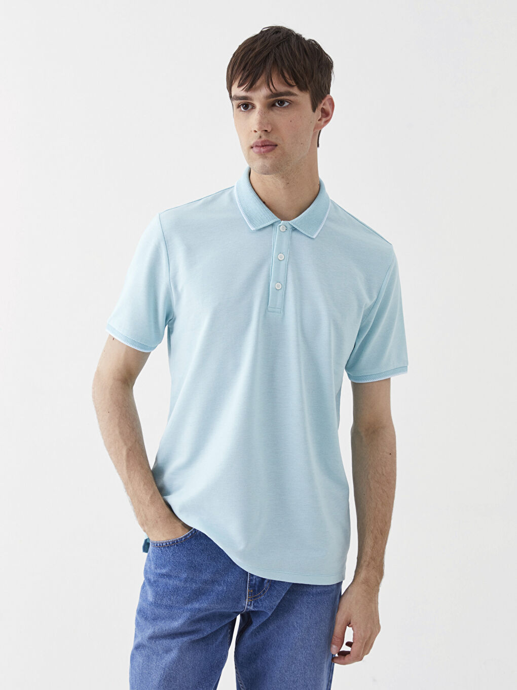 Turkuaz Polo Yaka Kısa Kollu Erkek Tişört-1