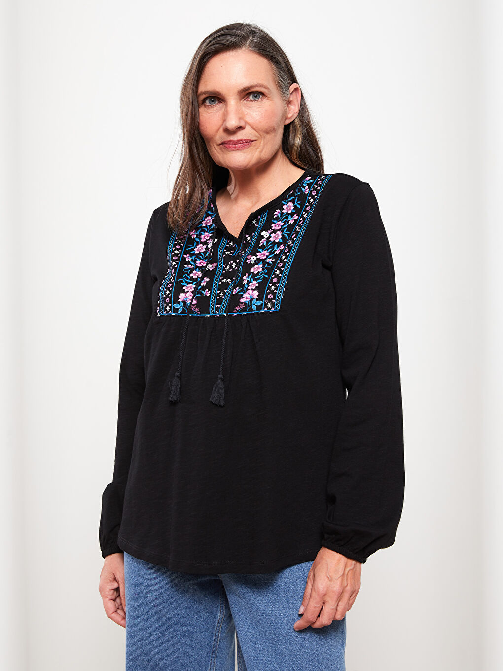 Lapel Collar Embroidered Long Sleeve Cotton Women's Blouse-1