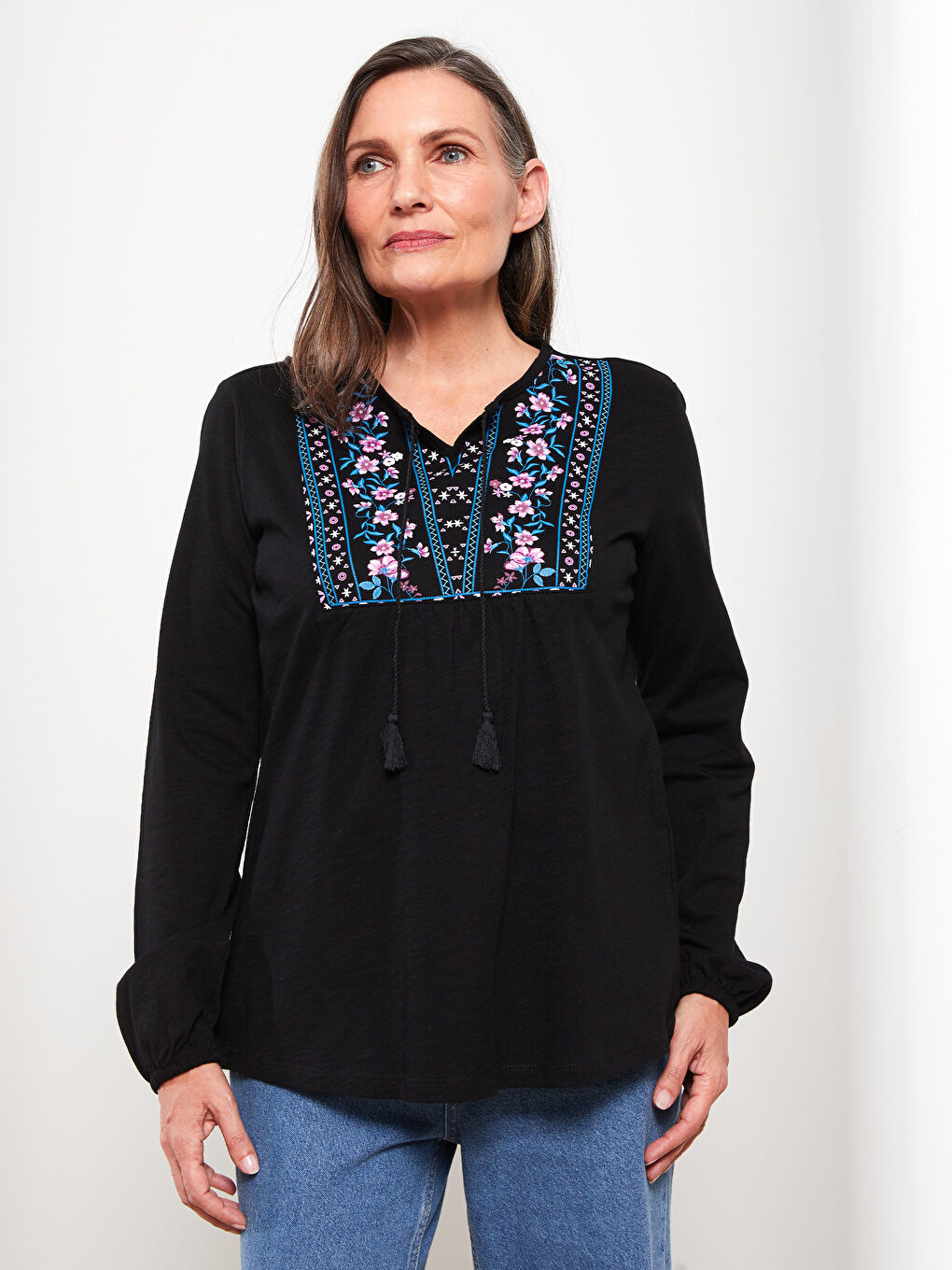 Lapel Collar Embroidered Long Sleeve Cotton Women's Blouse-2
