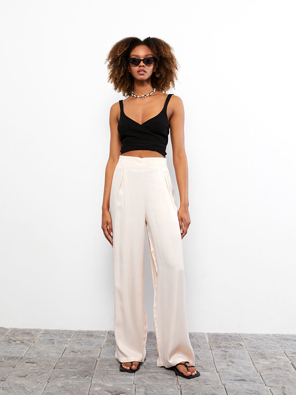 Pembe Beli Lastikli Rahat Kalıp Düz Viskon Kadın Pantolon-1