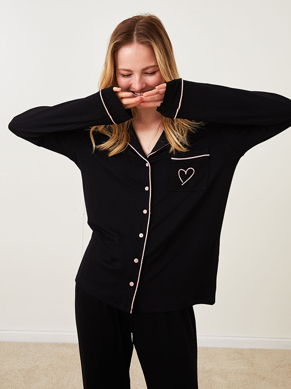 Set de pijama cu guler de cămașă, imprimat, mânecă lungă, pentru femei-1