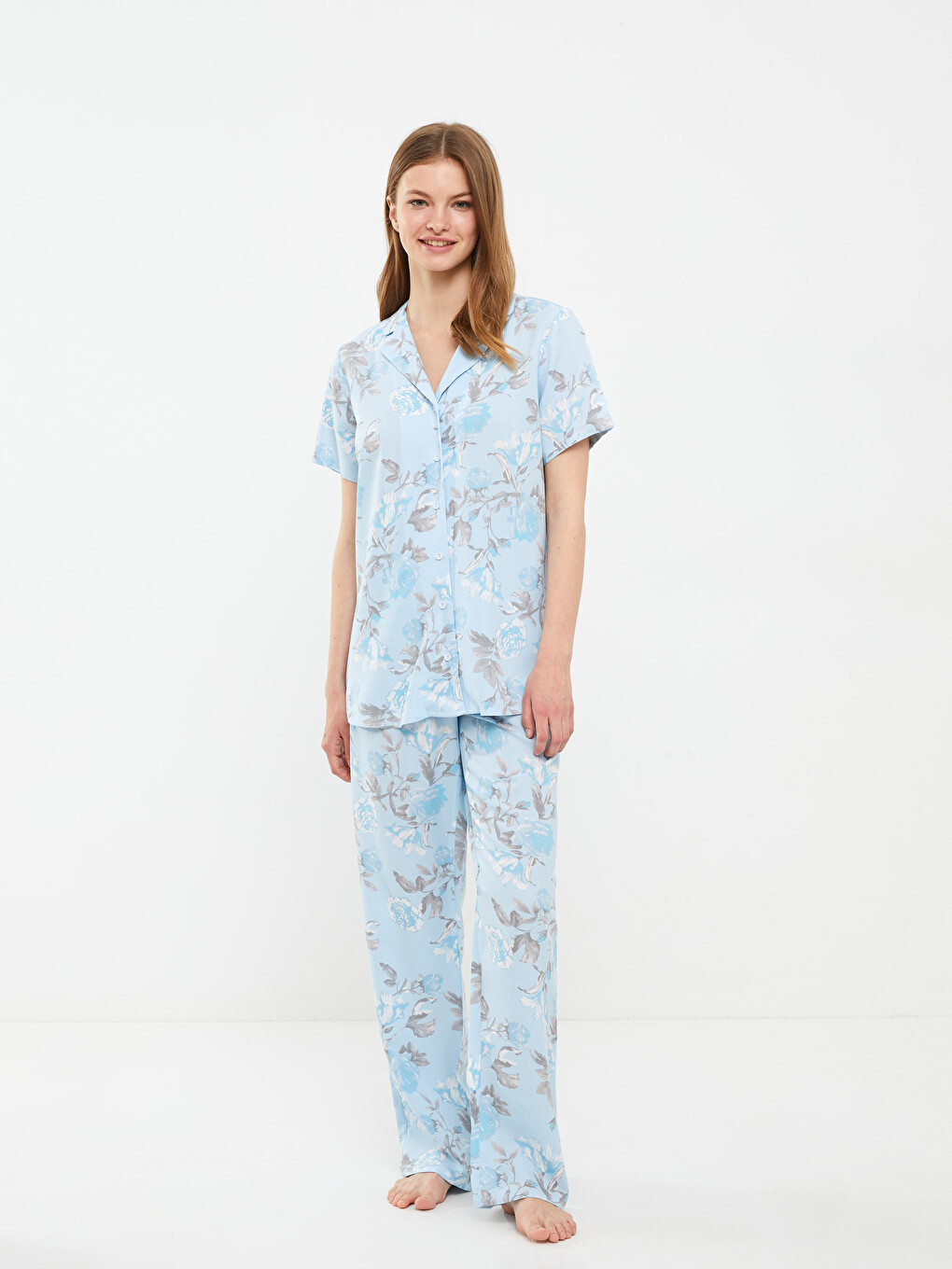 Shirt Neck Patterned Short Sleeve Viscose Women's Pajama Set-2