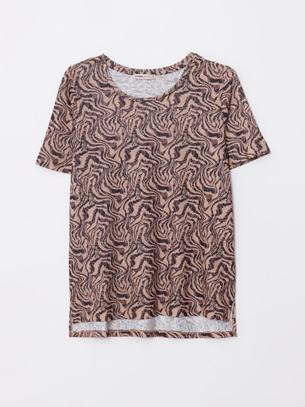 Kahverengi Bisiklet Yaka Desenli Kısa Kollu Kadın Tişört-5