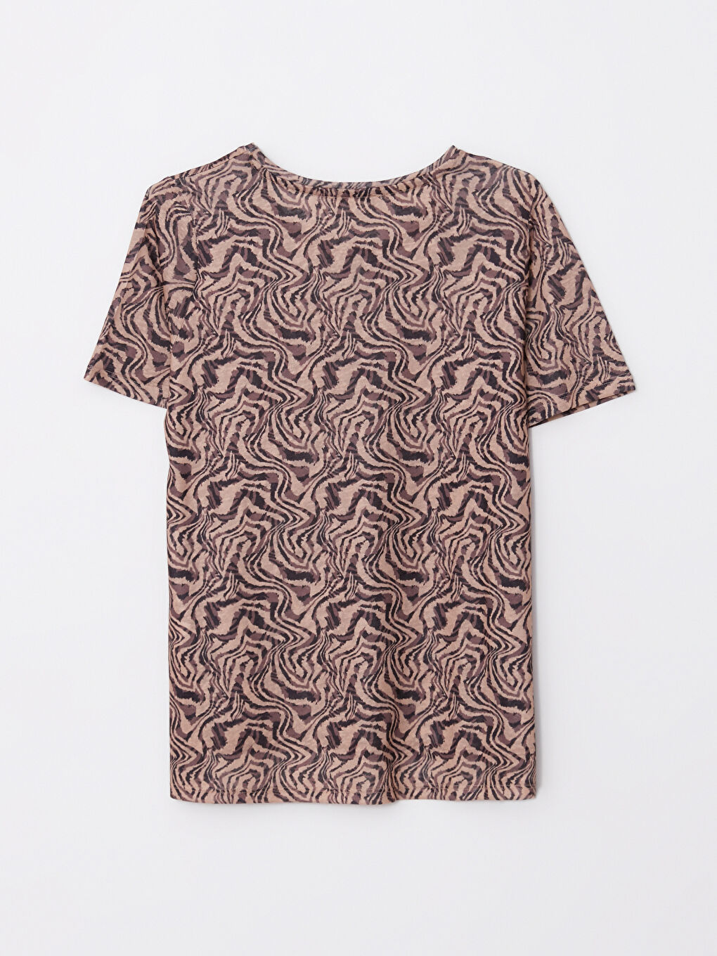 Kahverengi Bisiklet Yaka Desenli Kısa Kollu Kadın Tişört-6