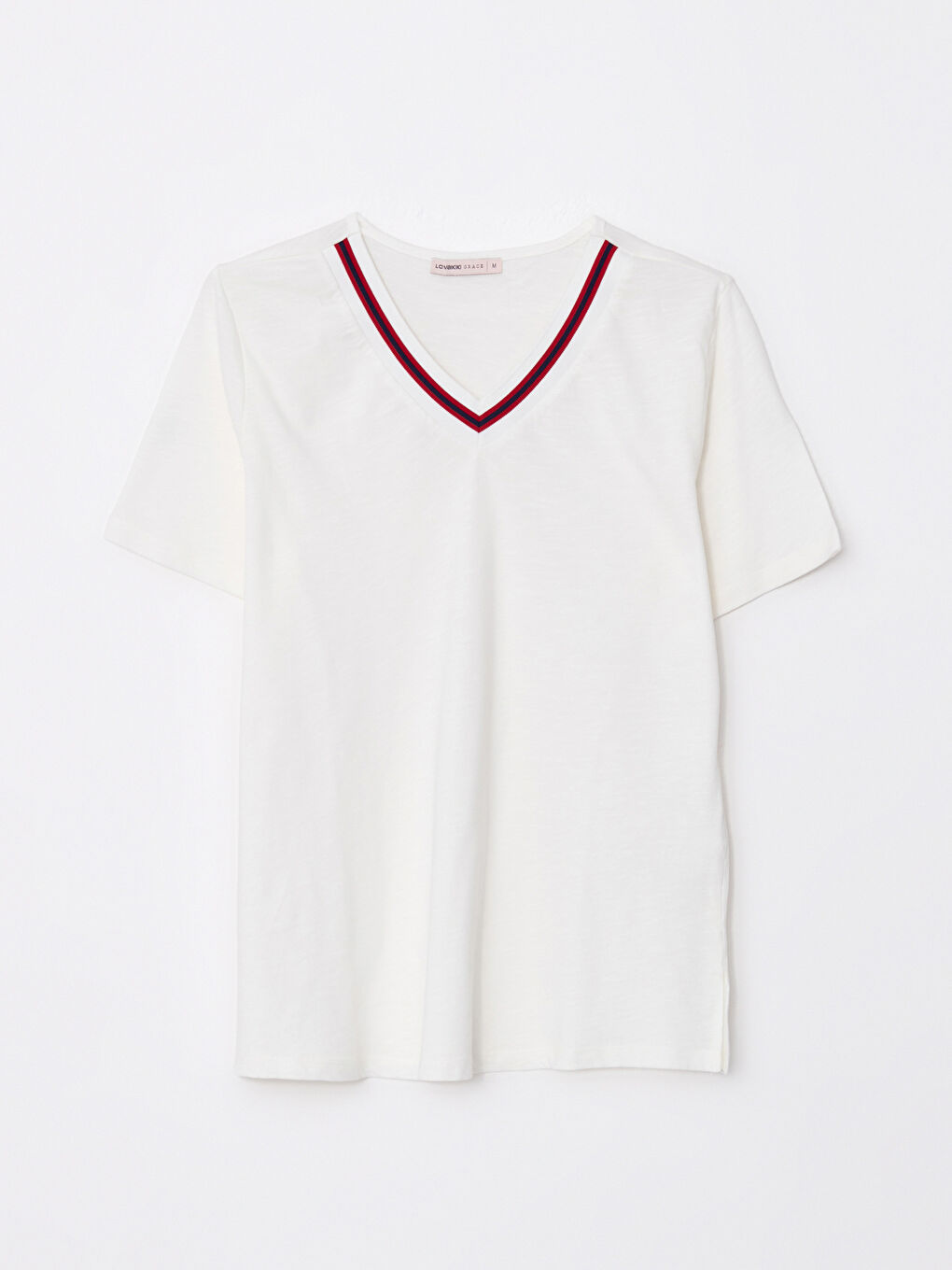 Beyaz V Yaka Düz Kısa Kollu Pamuklu Kadın Tişört-5