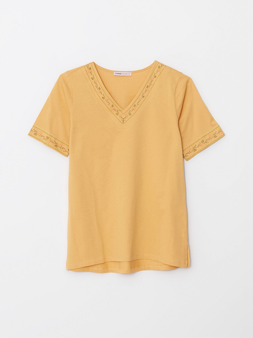 V-образно деколте Бродирана Къс ръкав Памучна Тениска за жени-5