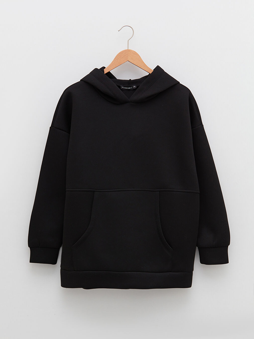 Siyah Kapüşonlu Düz Uzun Kollu Dalgıç Kumaş Kadın Sweatshirt Tunik-6