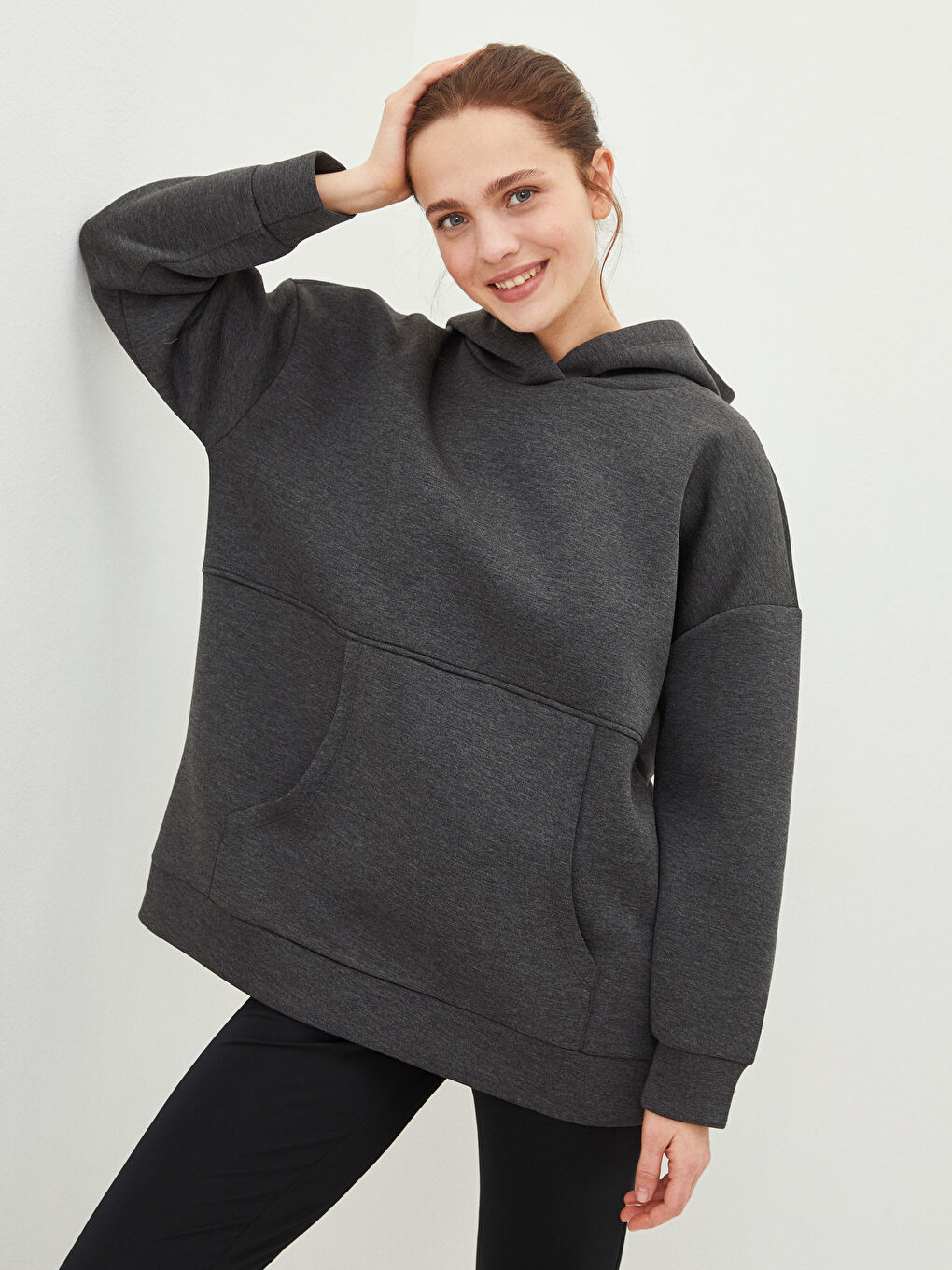 Antrasit Kapüşonlu Düz Uzun Kollu Dalgıç Kumaş Kadın Sweatshirt Tunik