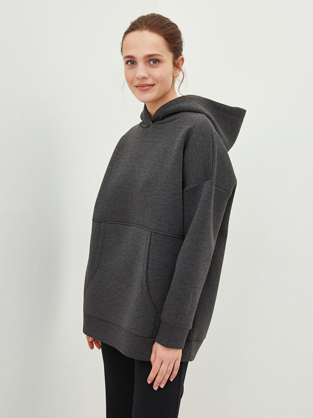 Antrasit Kapüşonlu Düz Uzun Kollu Dalgıç Kumaş Kadın Sweatshirt Tunik-1