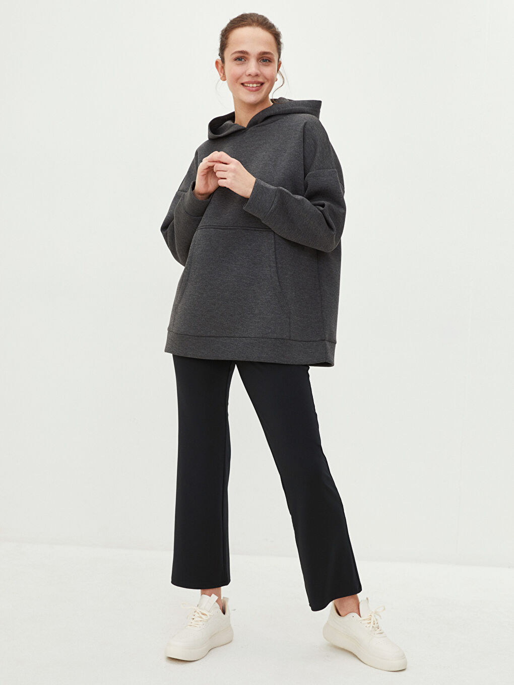 Antrasit Kapüşonlu Düz Uzun Kollu Dalgıç Kumaş Kadın Sweatshirt Tunik-2