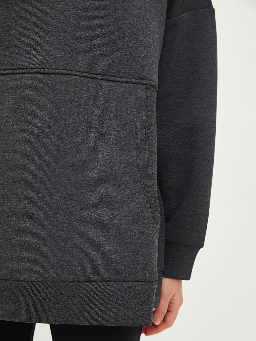 Antrasit Kapüşonlu Düz Uzun Kollu Dalgıç Kumaş Kadın Sweatshirt Tunik-3