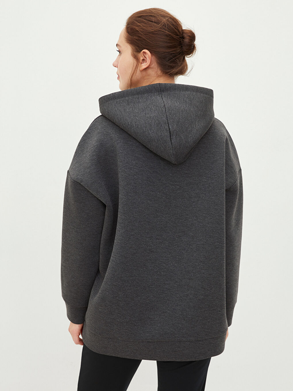 Antrasit Kapüşonlu Düz Uzun Kollu Dalgıç Kumaş Kadın Sweatshirt Tunik-4