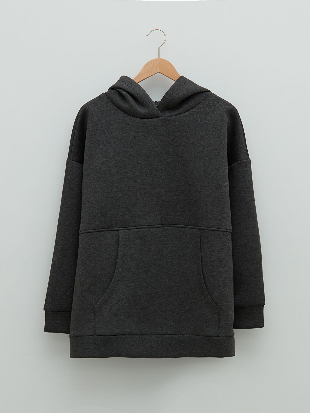 Antrasit Kapüşonlu Düz Uzun Kollu Dalgıç Kumaş Kadın Sweatshirt Tunik-5