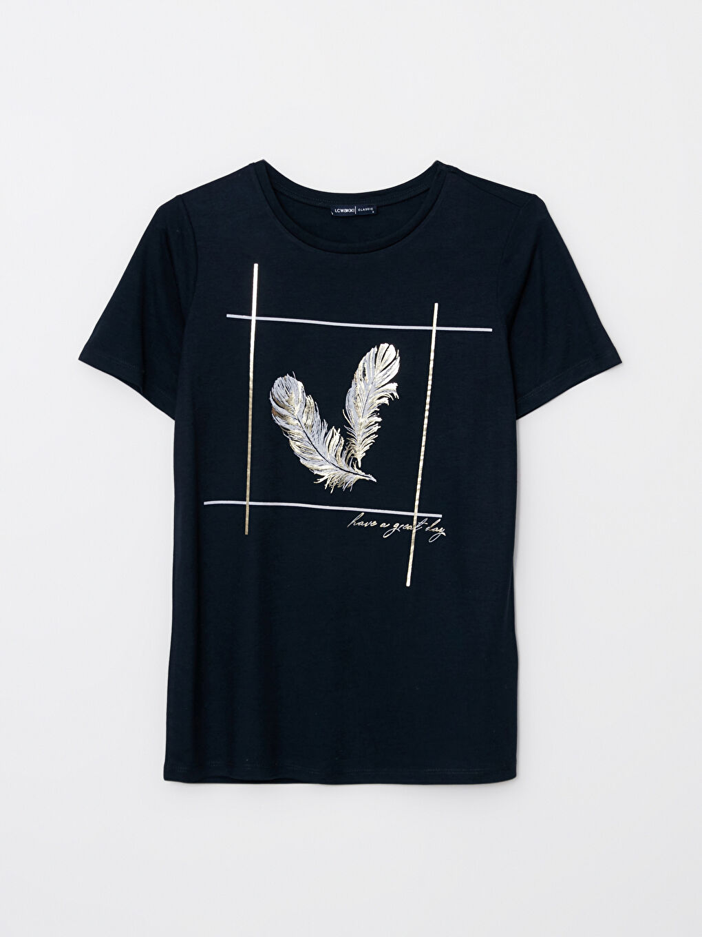 Lacivert Bisiklet Yaka Baskılı Kısa Kollu Kadın Tişört-5