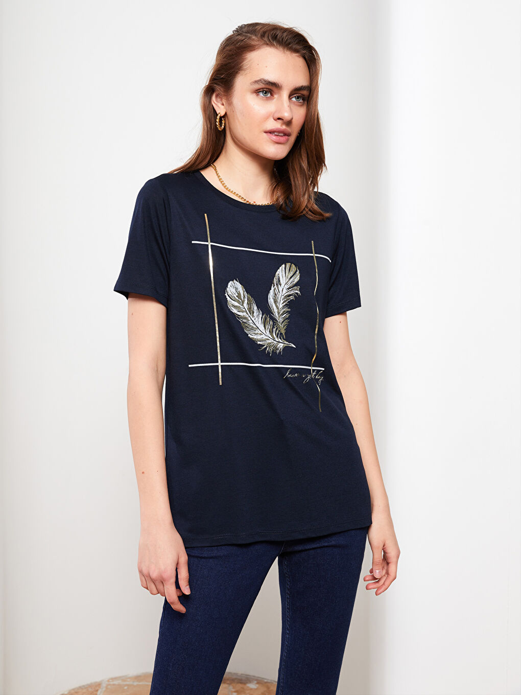 Lacivert Bisiklet Yaka Baskılı Kısa Kollu Kadın Tişört-1