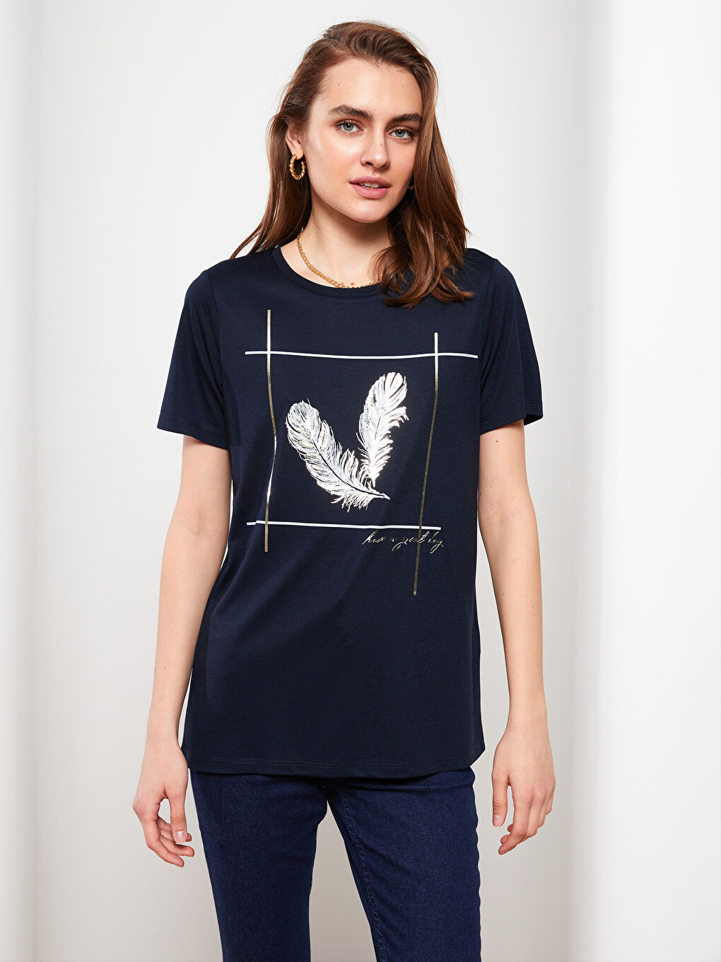 Lacivert Bisiklet Yaka Baskılı Kısa Kollu Kadın Tişört-2