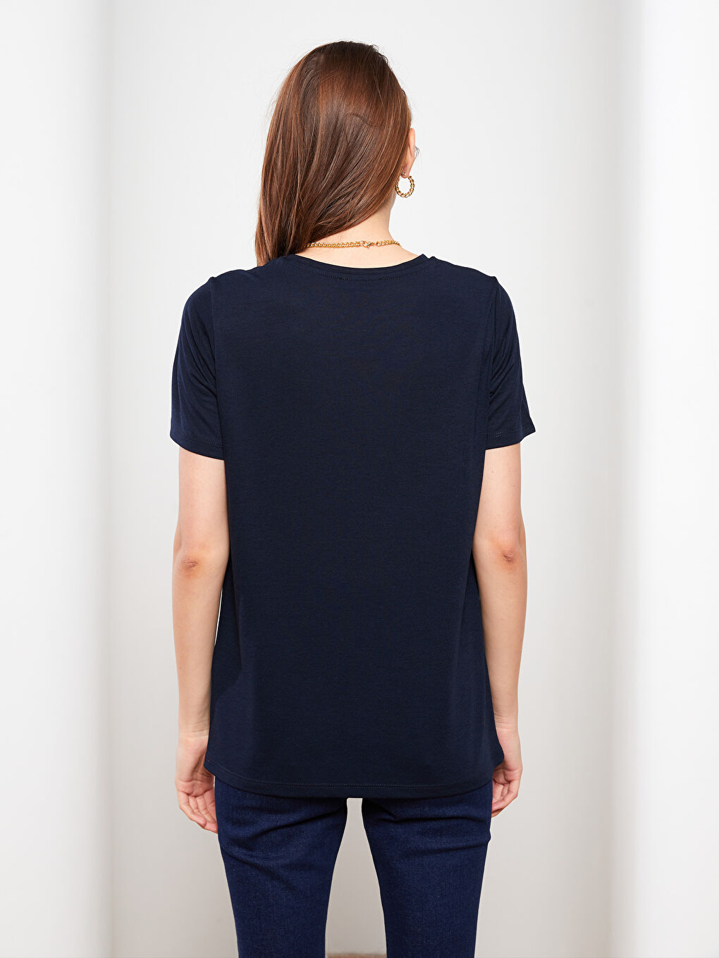 Lacivert Bisiklet Yaka Baskılı Kısa Kollu Kadın Tişört-4