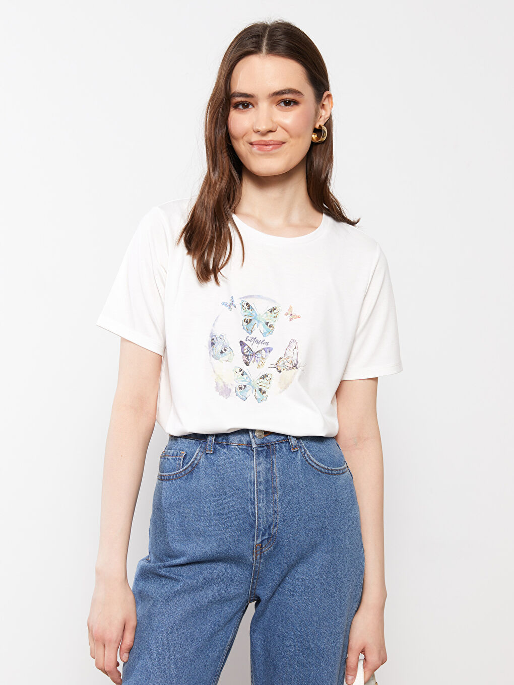 Ekru Bisiklet Yaka Baskılı Kısa Kollu Kadın Tişört