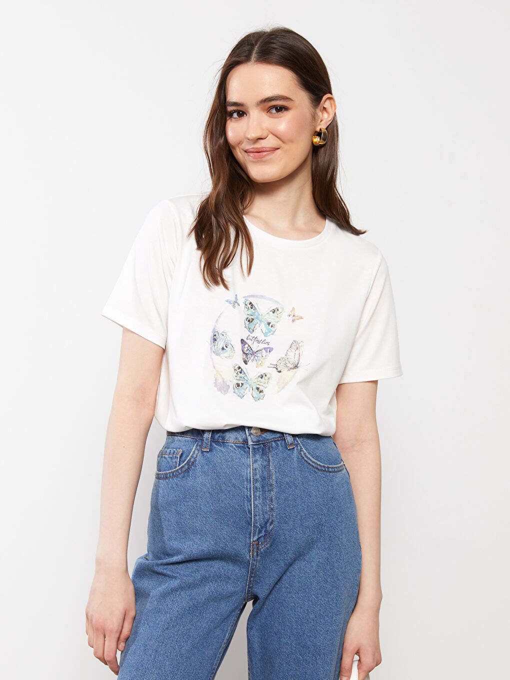 Ekru Bisiklet Yaka Baskılı Kısa Kollu Kadın Tişört-1