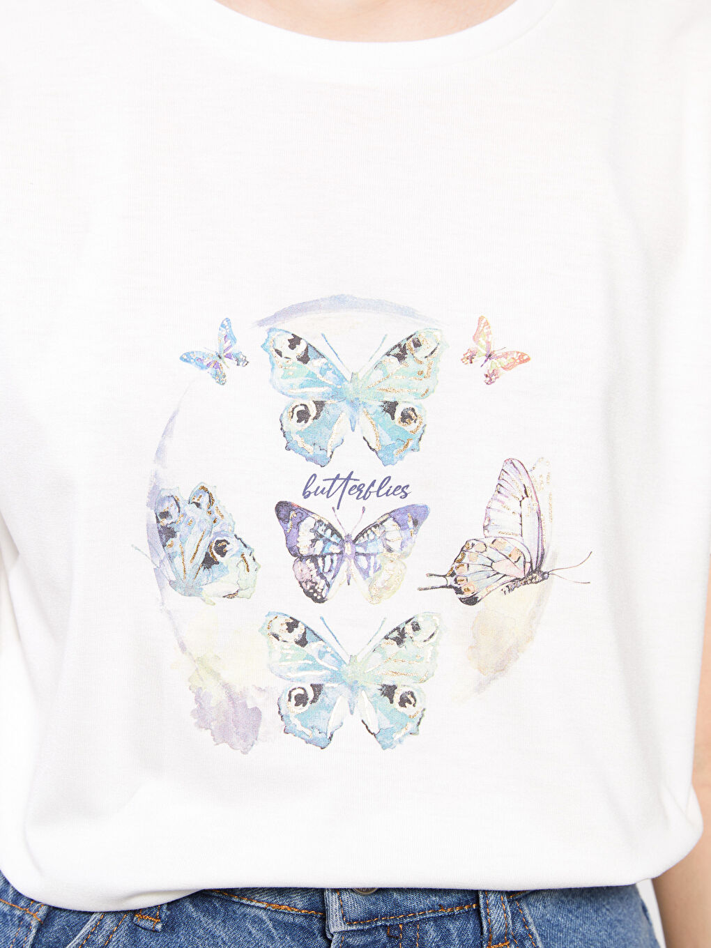 Ekru Bisiklet Yaka Baskılı Kısa Kollu Kadın Tişört-3