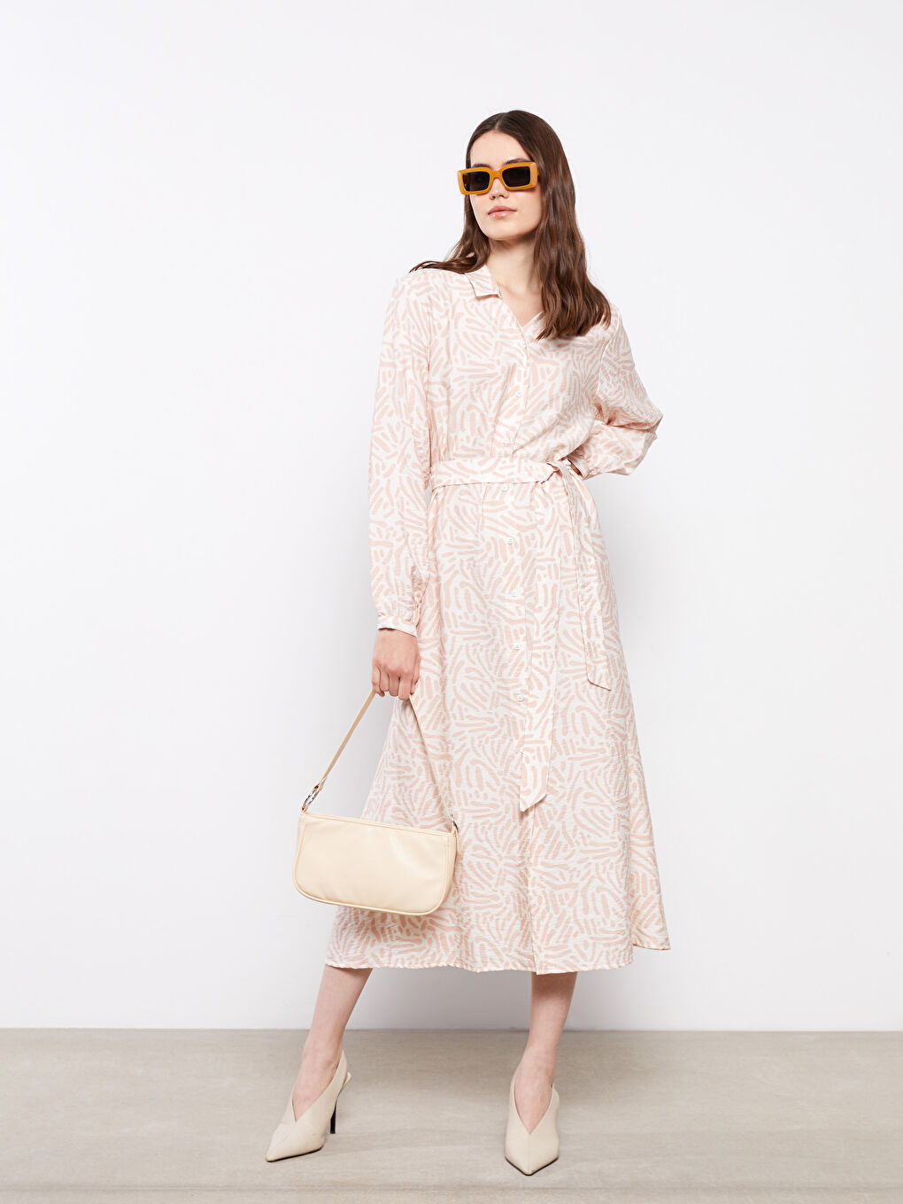 Ekru Desenli Uzun Kollu Kadın Gömlek Elbise