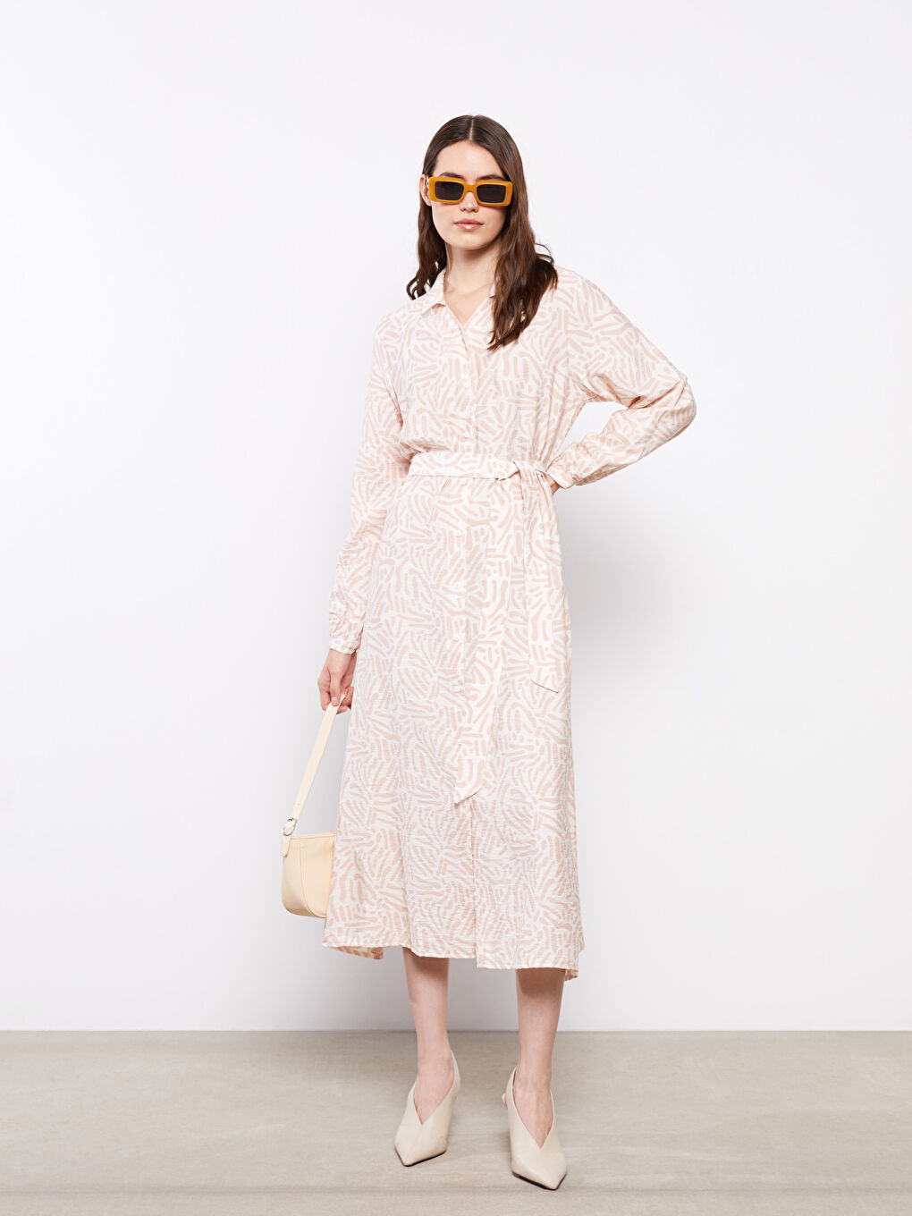 Ekru Desenli Uzun Kollu Kadın Gömlek Elbise-1